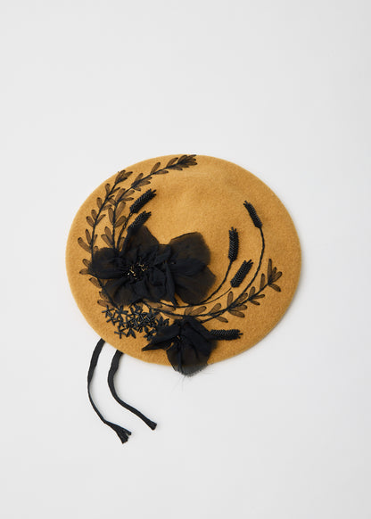 Hand-embroidered black floral beret【MF100-10003】